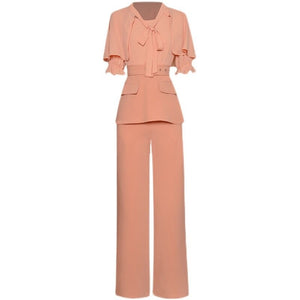 Amalia Cloak O-neck Short-sleeve Sashes Slim Top＋Stretch Wide-leg Trousers Fashion three-piece suit