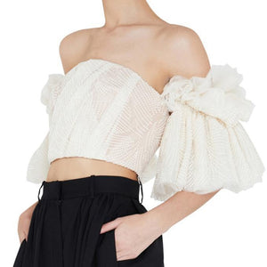 Off Shoulder Embroidery Ruffles Flare Sleeve Top