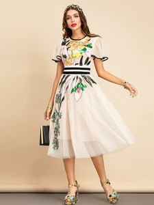 Royalty Runway Midi Dress Butterfly Sleeve Sequined Embroidery Ladies Slim A-Line Dresses