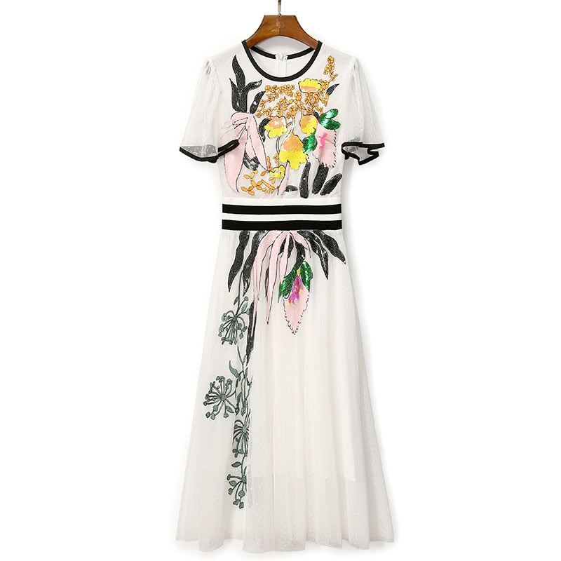 Royalty Runway Midi Dress Butterfly Sleeve Sequined Embroidery Ladies Slim A-Line Dresses