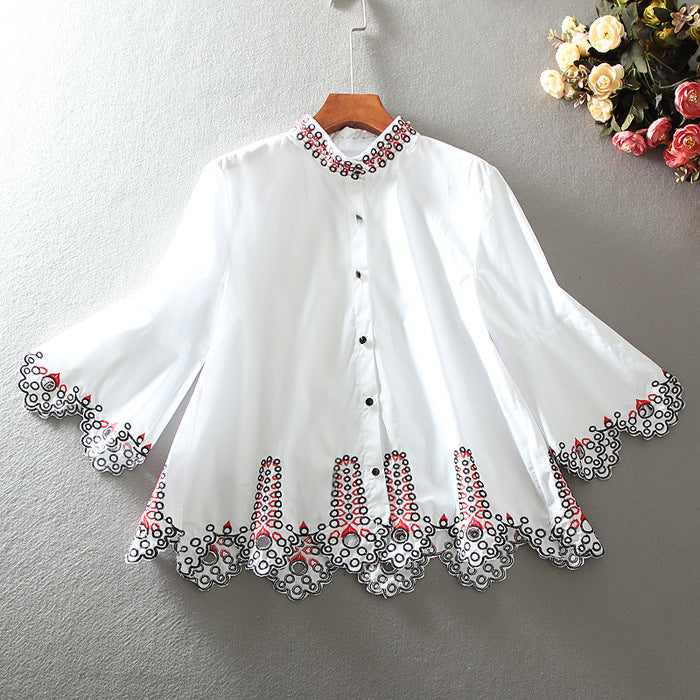 Hollowed Out Embroidered Flare Sleeve Loose A Line Ruffles Top