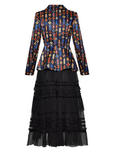 Dana Long sleeve Stripe Print Suit Tops+Mesh Skirt Two-piece set