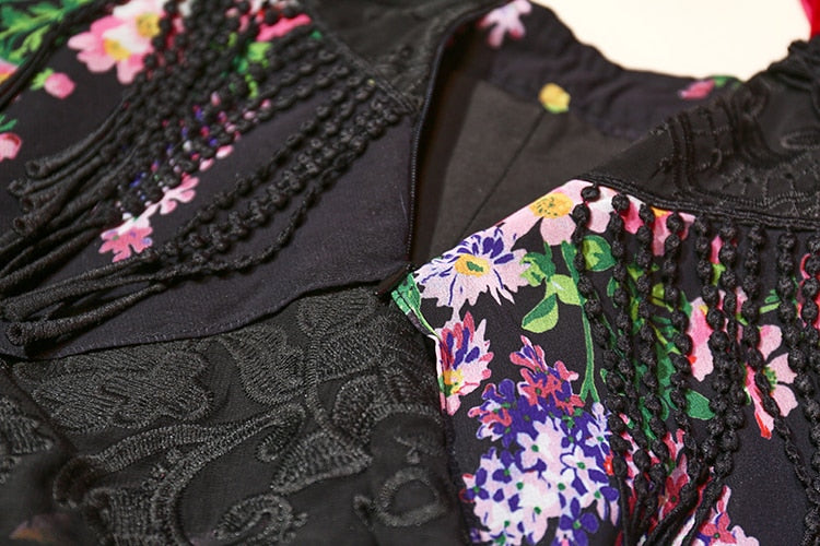 Viviana  Flower Print Embroidery Blouse + Ruffles Mini Skirt Casual 2 Piece Set