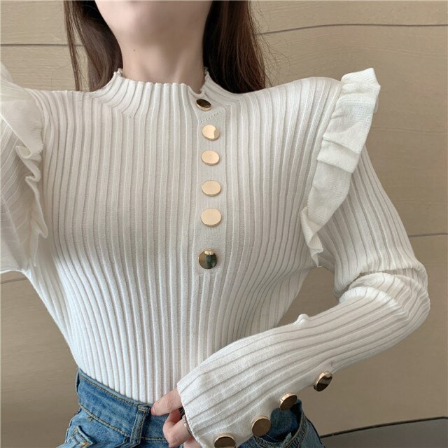 Turtleneck Ruffles Knitted  Pink White Or Black Casual Pullover Jumper