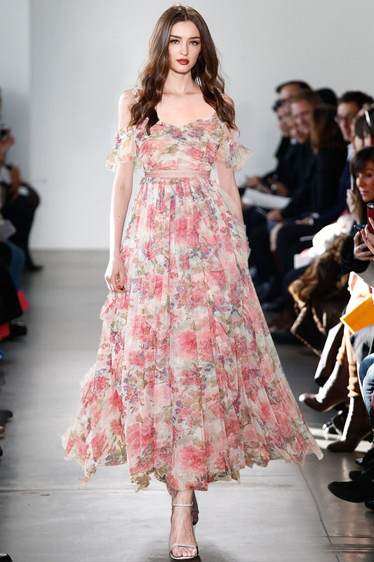 فستان ليليان شبكي بحزام سباغيتي وطبعة زهور أنيق للحفلات الطويلة