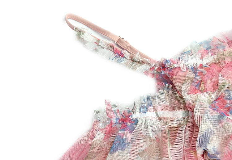 Lilian Mesh  Spaghetti Strap Floral print Elegant Maxi Party Dress