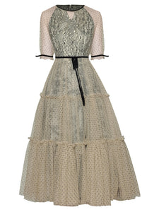 Salome Summer Elegant Polka Dot Print Short sleeve Gorgeous Lace Splicing Mesh Midi Dress