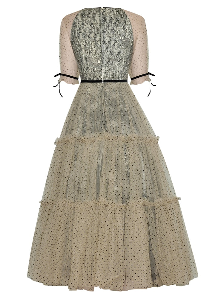 Salome Summer Elegant Polka Dot Print Short sleeve Gorgeous Lace Splicing Mesh Midi Dress