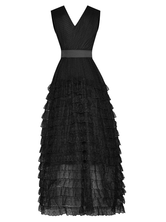 فستان جوزي متوسط ​​الطول شبكي بفتحة رقبة على شكل حرف V وبدون أكمام وأوشحة وخصر عالٍ