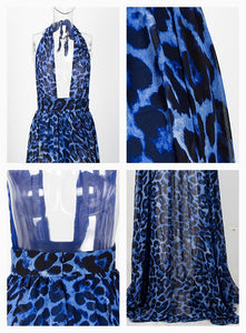 Azure V-Neck Open Back Cut Out Leopard Chiffon Long Summer Dress
