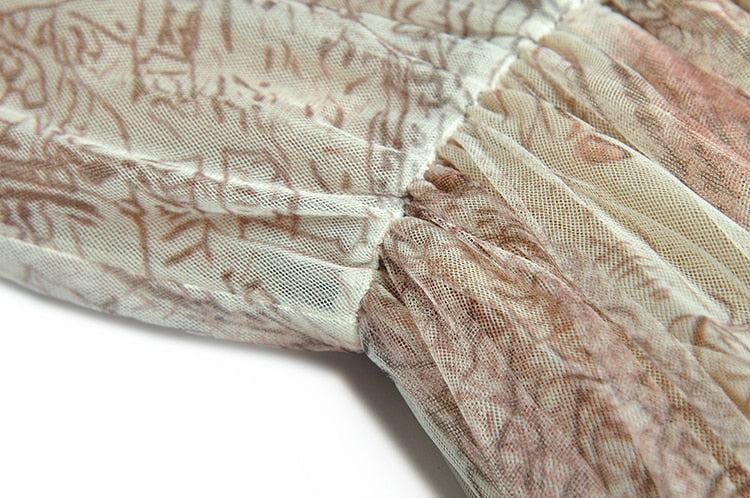 Ciana Long sleeve Belt Printed High waist Mesh Party Midi Dress