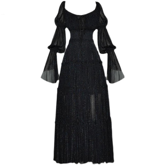 فستان أريانا بياقة مربعة وأكمام واسعة وخصر مرن أسود
