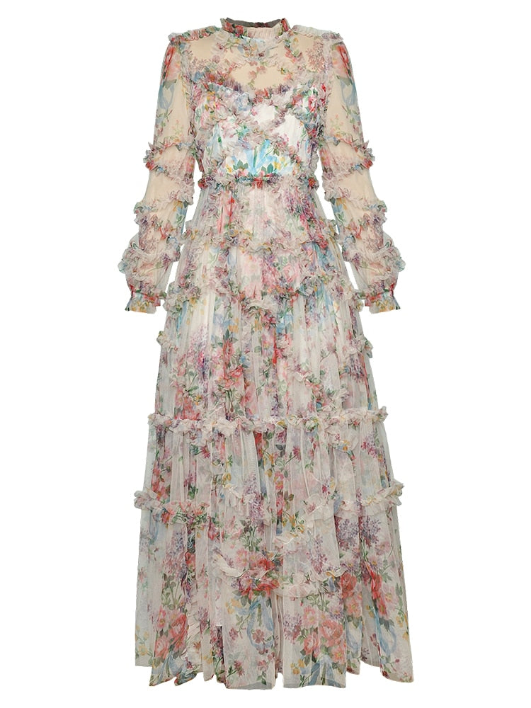 Hazel Spring Mesh Lantern Sleeve Cascading Ruffle  Floral Print  Dress