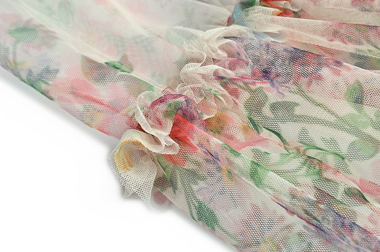 Hazel Spring Mesh Lantern Sleeve Cascading Ruffle  Floral Print  Dress
