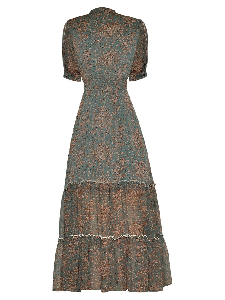 Zola Elastic waist Women's Elegant Puff sleeve Floral print Vintage Chiffon Dress