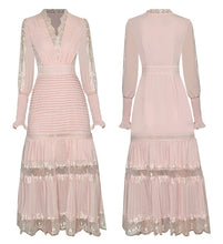 Load image into Gallery viewer, Amaya V-neck Lace Lantern Sleeve Ruched Slim Elegant Dress