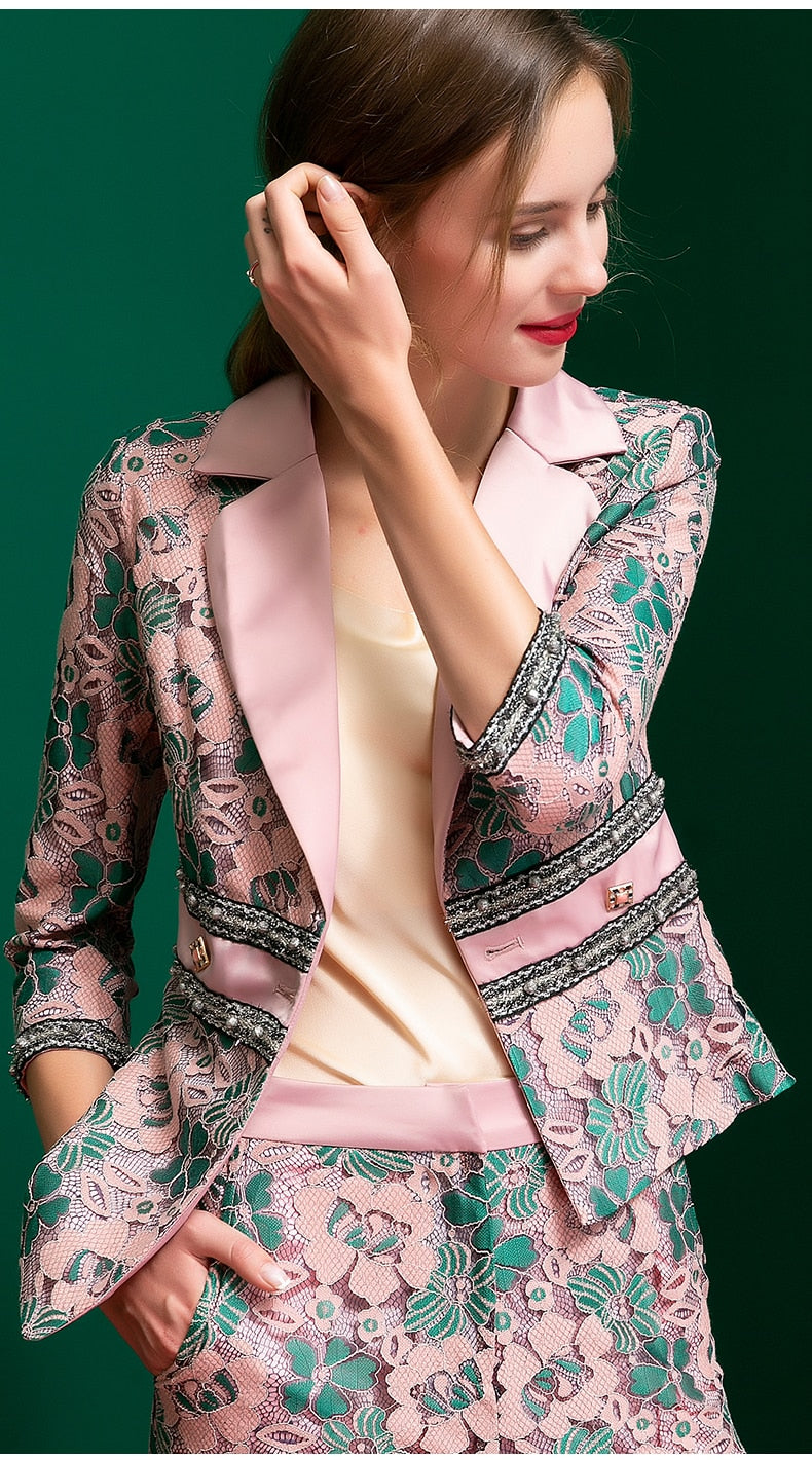 Sofia Autumn Winter Women 3/4 sleeve  Asymmetrical Suit Tops+Straight trousers Lace Print Two-piece suit