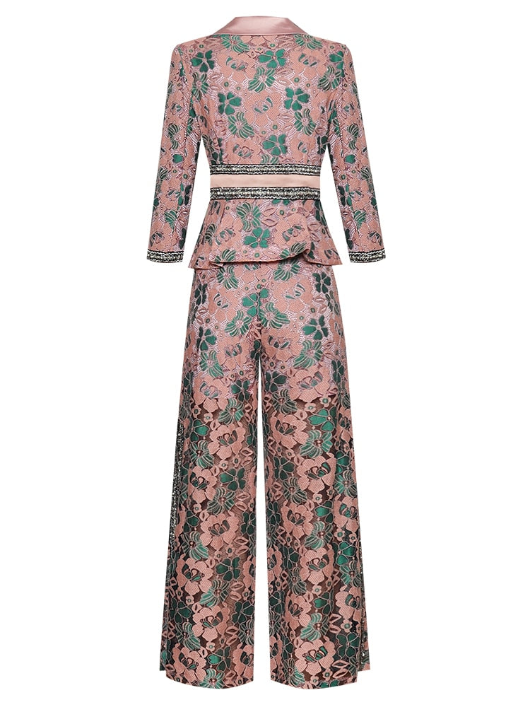 Sofia Autumn Winter Women 3/4 sleeve  Asymmetrical Suit Tops+Straight trousers Lace Print Two-piece suit