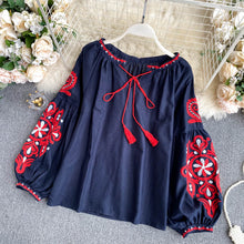 Load image into Gallery viewer, Retro  Embroidered Lace-Up Tassel V-Neck Lantern Sleeve Tops