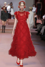 Load image into Gallery viewer, Sky Red Mesh Maxi Dress Women&#39;s Short sleeve High waist A-Line Long Dress