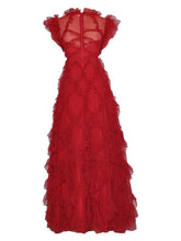 Load image into Gallery viewer, Sky Red Mesh Maxi Dress Women&#39;s Short sleeve High waist A-Line Long Dress