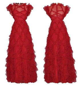 Sky Red Mesh Maxi Dress Women's Short sleeve High waist A-Line Long Dress