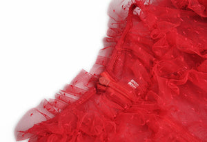 Sky Red Mesh Maxi Dress Women's Short sleeve High waist A-Line Long Dress