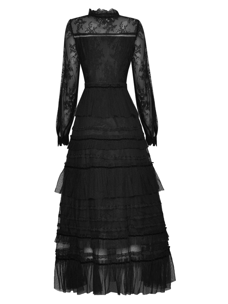 Atena Black Mesh V-Neck Lantern Sleeve Elegant Cascading Ruffle Dress