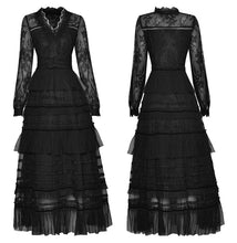Load image into Gallery viewer, Atena Black Mesh V-Neck Lantern Sleeve Elegant Cascading Ruffle Dress