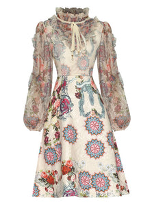 Dafne Stand collar Lantern Sleeve Mesh Printing Ruffles Vintage Dress