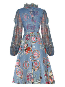 Dafne Stand collar Lantern Sleeve Mesh Printing Ruffles Vintage Dress