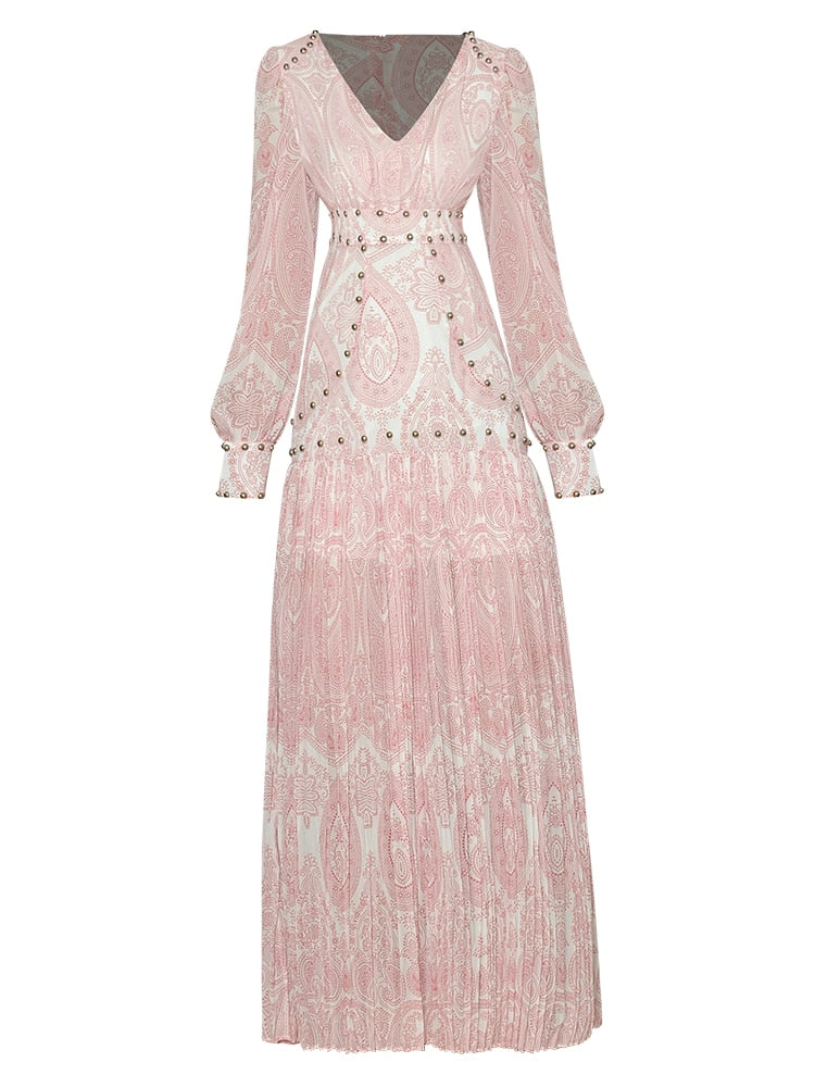 Michelle V-neck Lantern sleeve Beading Pink Printed Pleated Vintage Party Dress