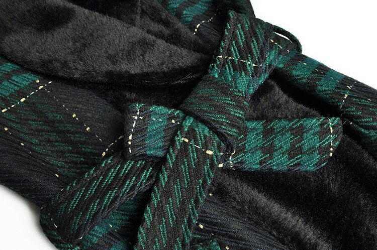 Fur collar Long sleeve lace-up Plaid  Windbreaker