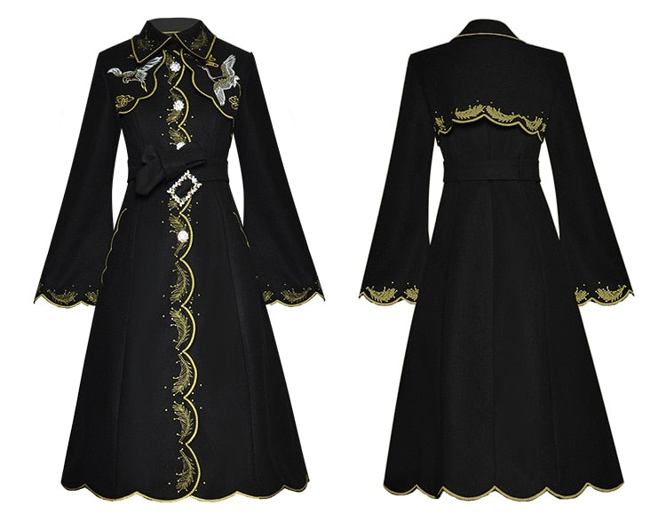 Gold Line Embroidery   lace-up Flare Sleeve Overcoat