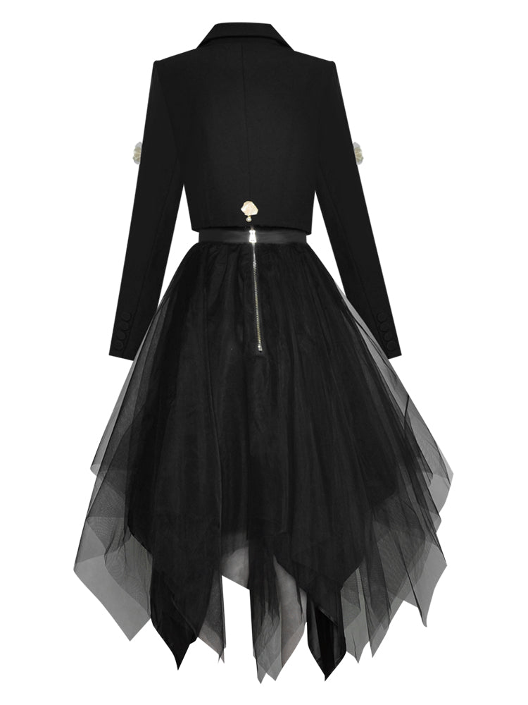 Havanah  Long Sleeve Applique Short Coat + Asymmetrical Mesh Skirts 2 Piece Set