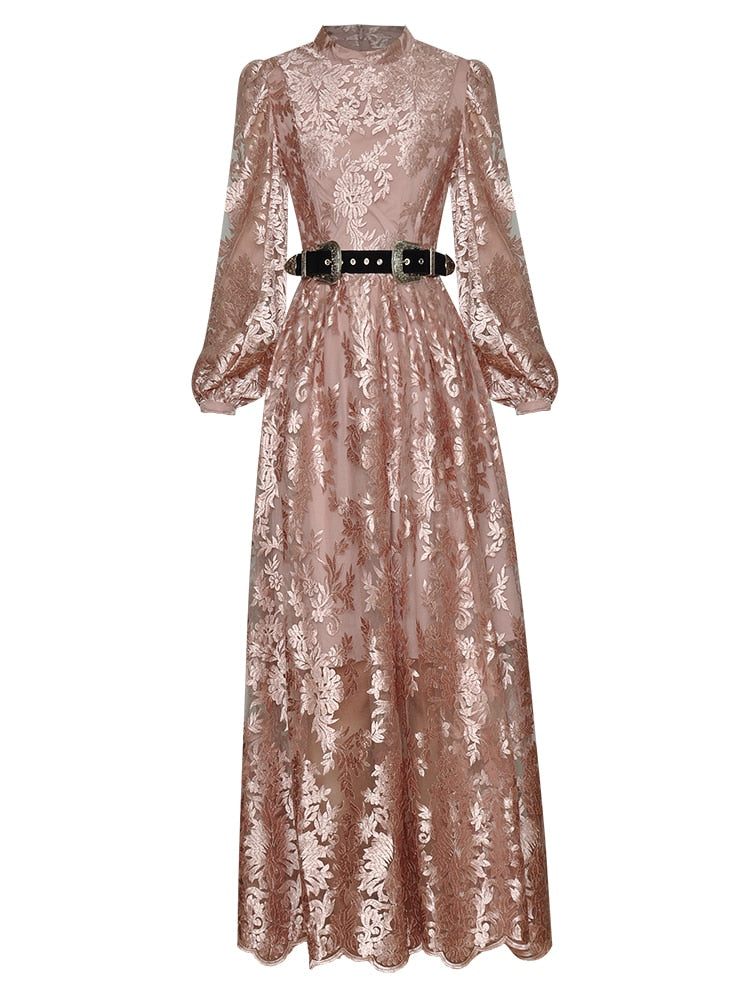 Amara Lantern Sleeve Sashes Floral Embroidery Vintage  Dress
