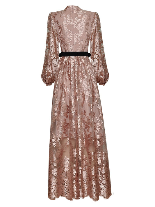 Amara Vintage-Kleid mit Laternenärmeln und Schärpen und Blumenstickerei