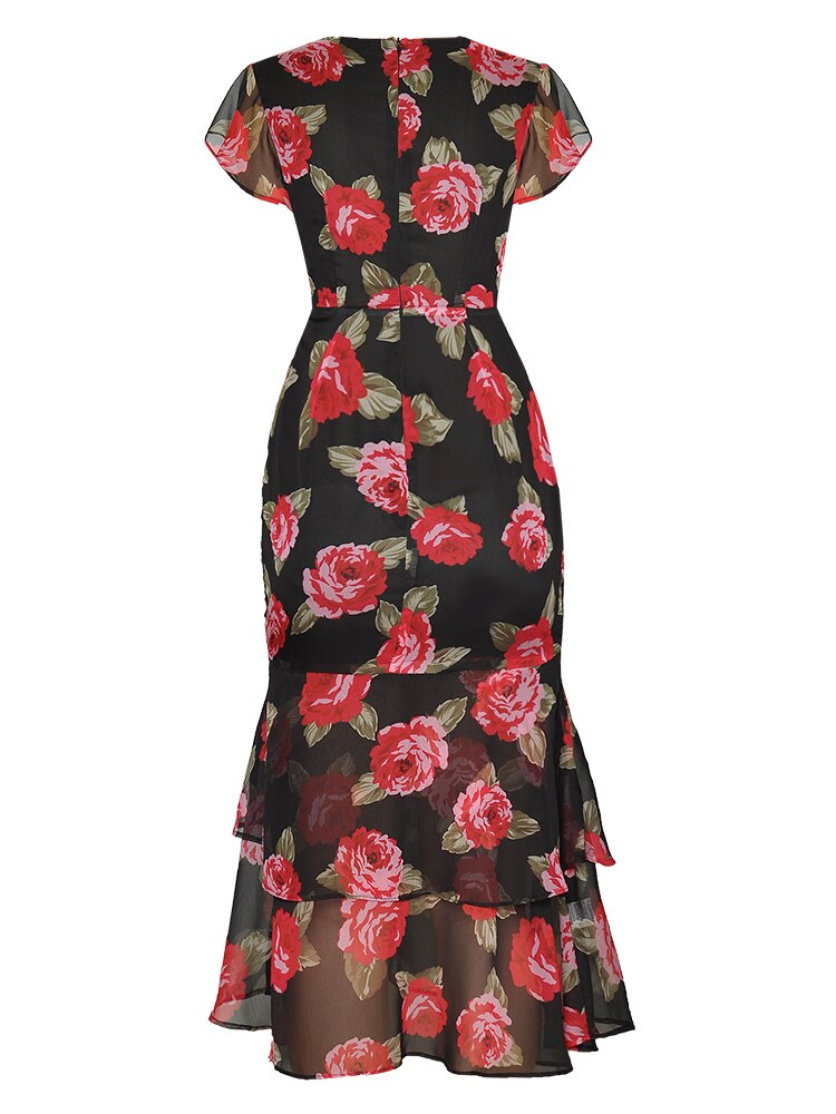 Willa V Neck  Cascading Ruffle Ruched Rose Floral Dresses