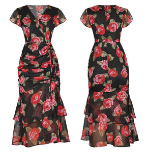 Willa V Neck  Cascading Ruffle Ruched Rose Floral Dresses