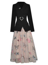 Load image into Gallery viewer, Celeste Black Jacket Coat and Mesh Embroidery Midi Skirt Two Piece Set