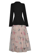 Load image into Gallery viewer, Celeste Black Jacket Coat and Mesh Embroidery Midi Skirt Two Piece Set