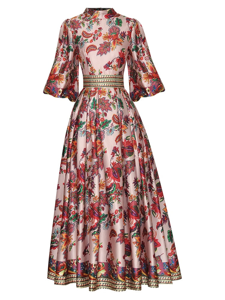 Coralie Stand Collar Puff sleeve Floral Print Vintage Maxi Dress