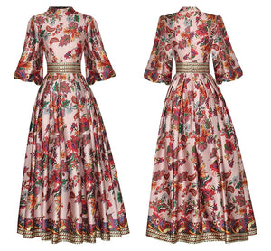 Coralie Stand Collar Puff sleeve Floral Print Vintage Maxi Dress