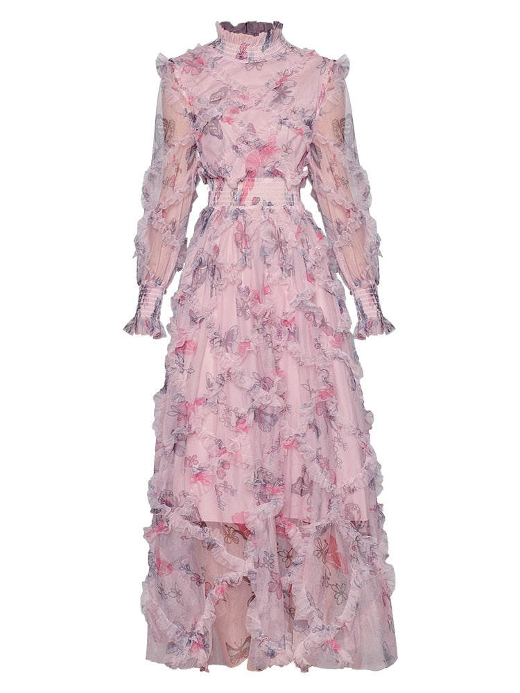 Esme Autumn Pink Mesh-Kleid mit Stehkragen