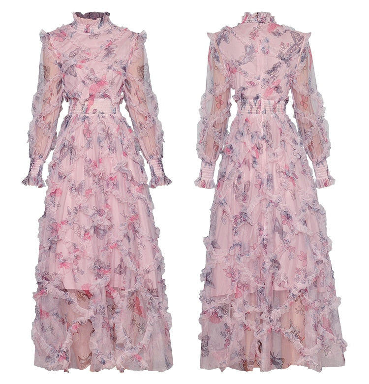 Esme Autumn Pink Mesh-Kleid mit Stehkragen