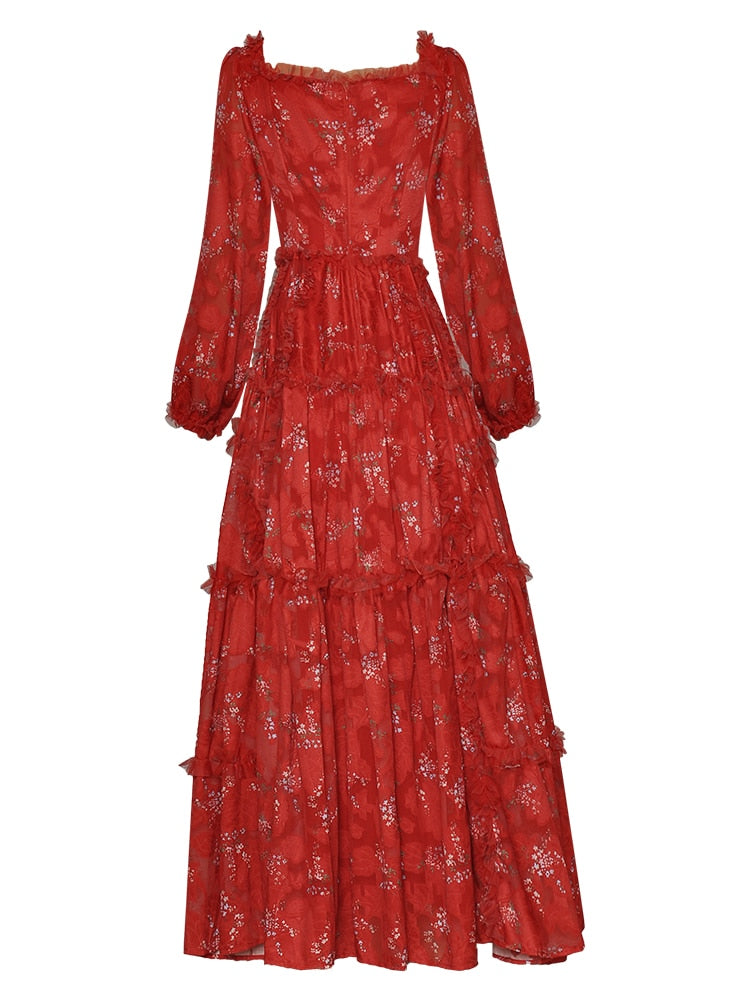 Fleurine Lantern sleeve High waist Red Flower print Vacation Elegant Dress