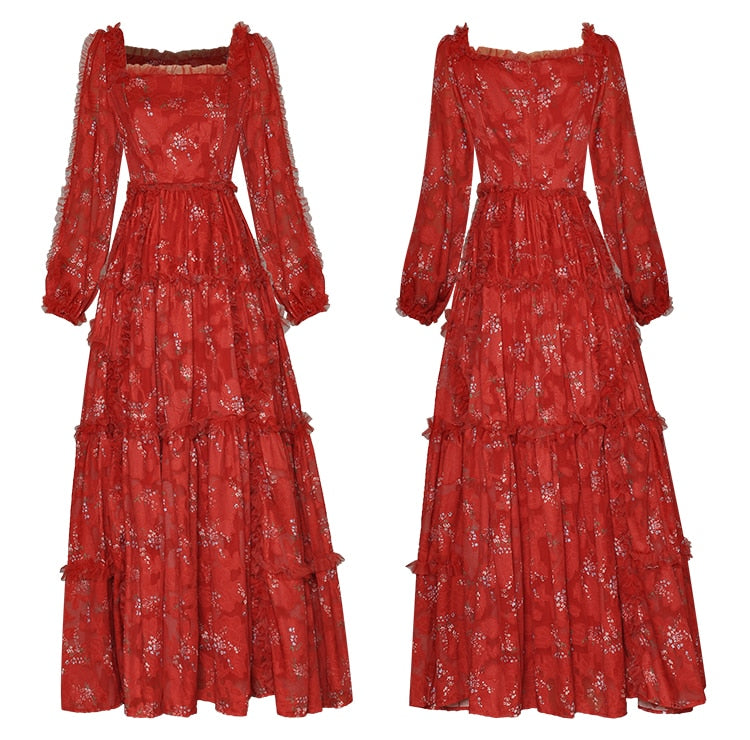 Fleurine Laternenärmel Hohe Taille Rot Blumendruck Urlaub Elegantes Kleid