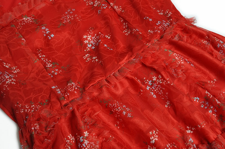 Fleurine Laternenärmel Hohe Taille Rot Blumendruck Urlaub Elegantes Kleid