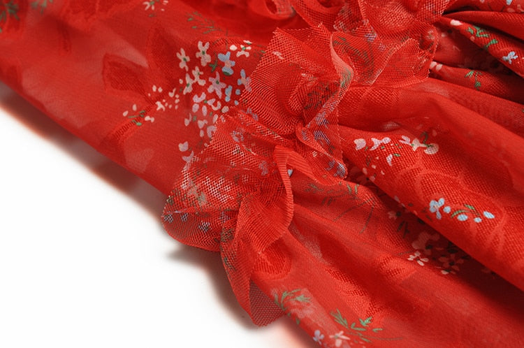فستان فلورين بأكمام فانوس وخصر عالي وطبعة زهور حمراء لقضاء العطلات