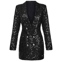 Load image into Gallery viewer, Shawl Collar Glitter Sequined Long Runway Black Blazer